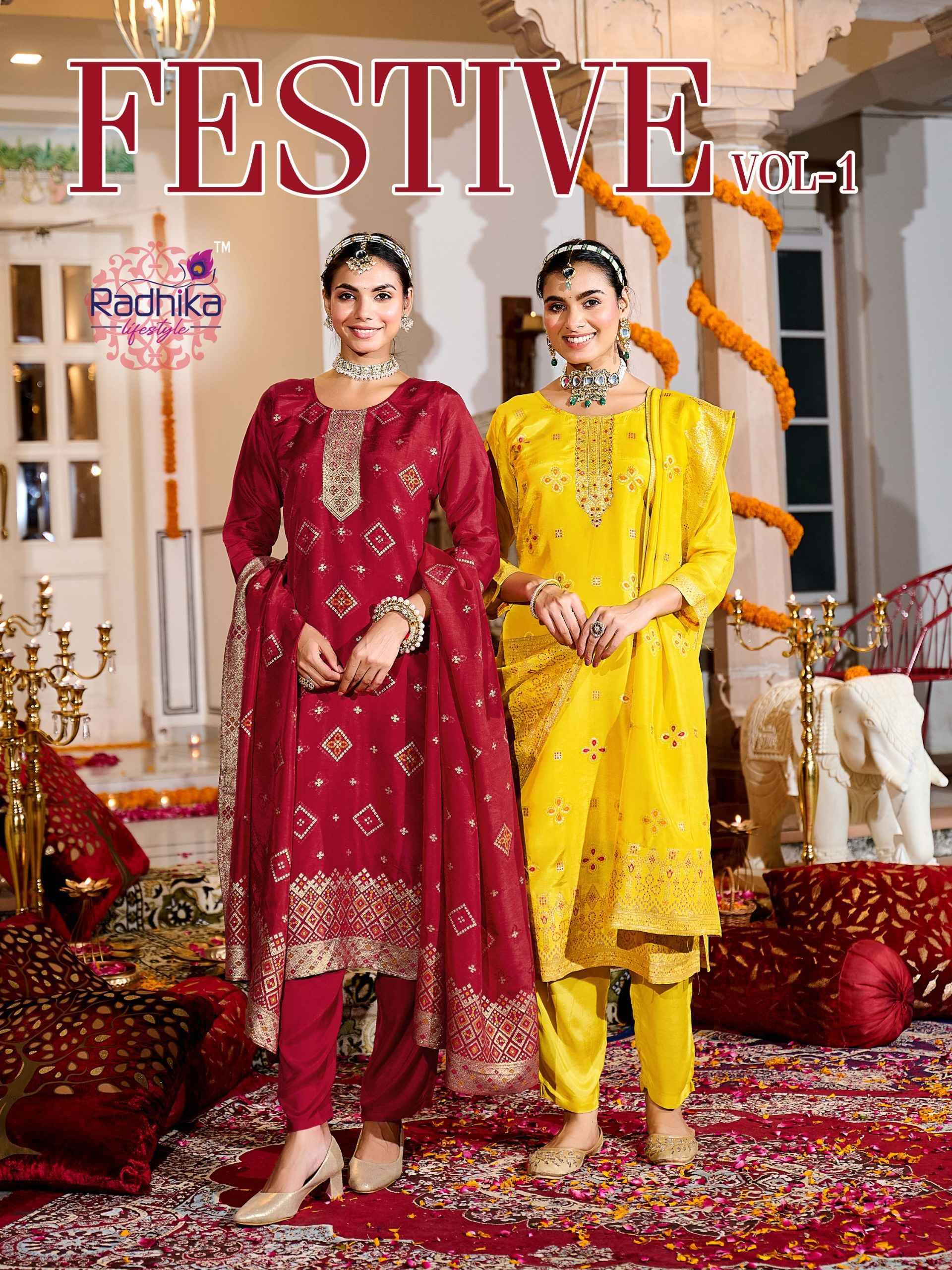 Radhika Lifestyle Festive Vol 1 Dola Silk Jacquard Kurti Set 4 pcs Catalogue